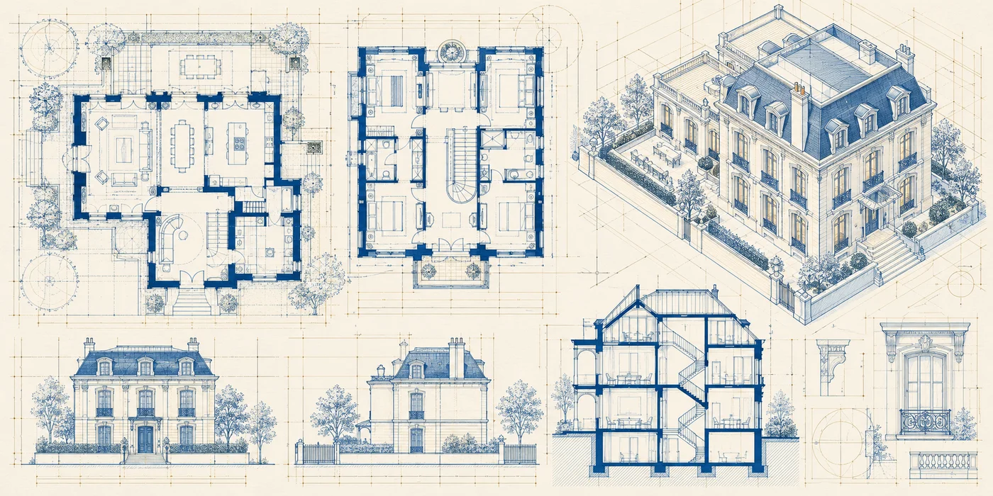 Plans, élévations et perspective de bâtiment — conception architecturale