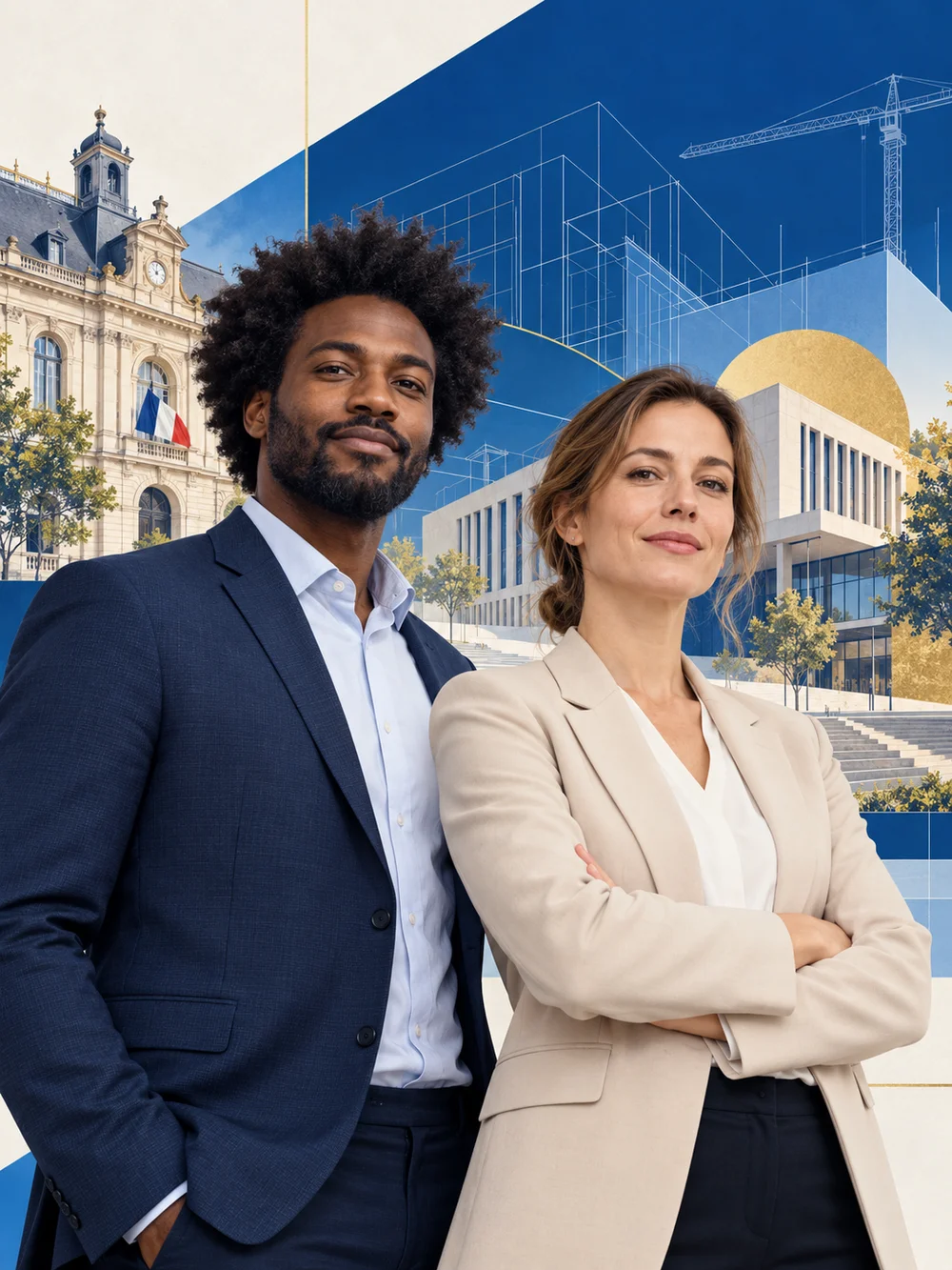 Un homme noir et une femme blanche devant un décor graphique de bâtiments publics